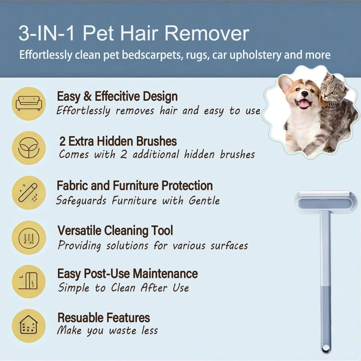 Ultimate 4-In-1 Pet Hair Removal Tool - Effortlessly Clean Your Couch, Car, and Carpets from Cat Hair
